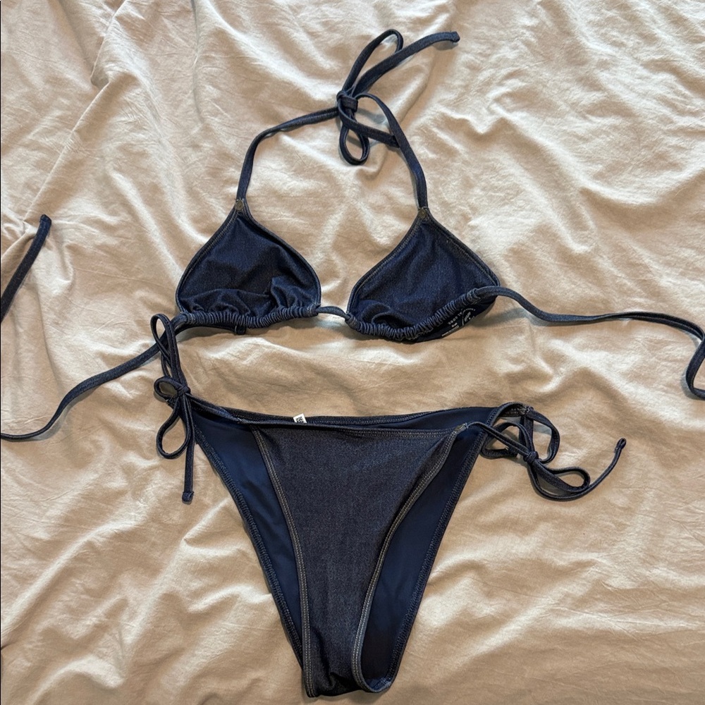 Aerie/American Eagle Navy Jean Style Triangle Tie-Side Bikini Set